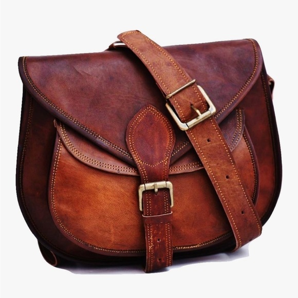 Handbags - Satchel genuine Brown Leather Women's Bag with bronze hardware
